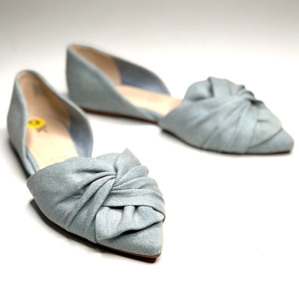 BC d’orsay flats twist bow front pointy toe light denim fabric upper vegan 9